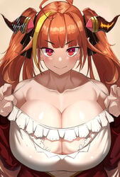 big_breasts blush breasts cleavage closed_mouth clothing hair_ribbon holoforce hololive hololive_japan horn kiryu_coco long_ears looking_at_viewer nuezou paizuri_invitation tagme tank_top twintails virtual_youtuber