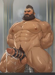 1boy abs bara beard completely_nude cum cum_drip cum_dripping_from_penis cum_on_penis dildo erection facial_hair gay hands-free league_of_legends male male_only muscular_male nipples penis rictus_(arcane) solo_male tevit15