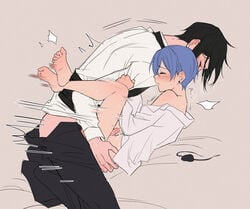 2boys anal ass_grab black_butler black_hair blue_hair blush ciel_phantomhive cum cum_on_body cum_while_penetrated erection erection_while_penetrated eyepatch eyepatch_removed femboy gay girly intimate kuroshitsuji male_only sebastian_michaelis size_difference tagme yaoi