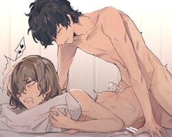 akira_kurusu anal anal_sex ass black_hair brown_eyes brown_hair censored censored_penis closed_eyes cum cum_in_ass cum_inside cumming cumming_from_anal_sex cumming_inside cumming_together cumming_while_penetrated cumming_while_penetrating drdrgrgr5624 drooling femboy gay gay_sex goro_akechi joker_(persona) persona persona_5 ren_amamiya tears yaoi