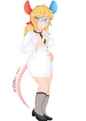 2021 animal_crossing animal_crossing_new_horizons animal_ears blonde_hair breasts brown_eyes cleavage female female_focus female_only glasses high_heels humanized kemonomimi labcoat medium_breasts mouse_girl mouse_tail nekomatic nintendo petri_(animal_crossing) scientist stockings tail test_tube tie tied_hair