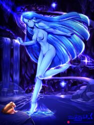 blue_eyes blue_hair blue_skin castlevania deadphoenx female female_only frog frozen_shade ice large_breasts long_hair nude solo sparkles very_long_hair water waterfall