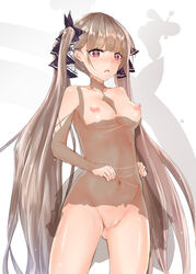 areolae arms azur_lane black_hair_ornament blush breasts brown_hair dress ear embarrassed exhibitionism face female female female_only formidable_(azur_lane) hair_ornament hands holding_dress labia legs light_brown_hair long_hair medium_breasts navel nipples nude open_eyes open_mouth rakkuma red_eyes simple_background solo standing uncensored very_long_hair white_background x-ray