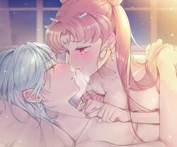 1boy 1girls about_to_kiss aged_up almost_kissing bamboo_shoot bed bishoujo_senshi_sailor_moon blush breast_press breasts chibi_usa clothed_female clothing couple detached_sleeves double_bun dress earrings embrace facing_each_other female_on_top forehead_jewel forehead_mark glowing hair_ornament helios_(sailor_moon) hickey holding_partner in_bed intimate light long_hair long_twintails looking_at_partner looking_into_eyes lovebite male_on_back medium_breasts nervous open_mouth pink_clothing pink_dress pink_hair princess princess_lady_serenity scallop_neckline shirtless shirtless_(male) side_view small_breasts steam steamy_breath straight sunrise twintails white_hair wholesome yakusoku0722