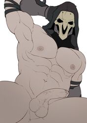 asshole black_hood gloves hood male_only mask medium_penis nipples overwatch pecs penis reaper six_pack skull_mask solo solo_focus solo_male testicles uncensored