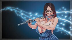 blue_dress blue_eyes brown_hair flute freckles glasses jewelry large_breasts