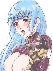 1girls blue_hair breasts cum cum_on_breasts king_of_fighters kula_diamond nipples red_eyes tongue_out victory_sign