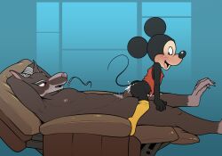 absurd_res anthro bodily_fluids chair clothing cum cum_in_ass cum_inside disney duo ejaculation furniture gay genital_fluids hands-free hi_res leggings legwear male male/male male_only mammal master_splinter mickey_mouse mouse murid murine on_bottom on_top penis rat recliner reverse_cowgirl_position rodent rysker_(artist) sex shirt size_difference tank_top teenage_mutant_ninja_turtles teenage_mutant_ninja_turtles_(2012) tmnt_2012 topwear