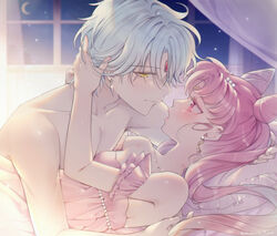 1boy 1girls aged_up bed bishoujo_senshi_sailor_moon blush chibi_usa clothed clothed_female clothing couple detached_sleeves double_bun earrings embrace forehead_jewel forehead_mark gold_eyes helios_(sailor_moon) holding_face holding_partner in_bed intimate jewelry long_hair long_twintails looking_at_partner night on_back on_top open_mouth pearl_strands pink_clothing pink_hair princess_lady_serenity red_eyes scallop_neckline shirtless shy side_view small_breasts straight twintails white_hair window yakusoku0722 yellow_eyes