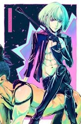 2boys abs all_fours alternate_body_type artist_name bob_cut cathexis_art clothed_male_nude_male galo_thymos gloves jacket kink lio_fotia maledom malesub nude penis promare purple_eyes size_difference smile yaoi