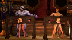 2boys 2girls alliance_(warcraft) alliance_banner alliance_symbol alliance_tattoo bent_over bimbo blizzard_entertainment blonde_hair blood_elf blue_skin body_writing bros_being_bros collar cum cum_in_pussy cum_inside cum_on_face facial green_eyes interspecies light-skinned_female light-skinned_male light_skin pillory sex sunglasses text thumbs_up vaginal_penetration valkyrien warcraft white_skin world_of_warcraft writing