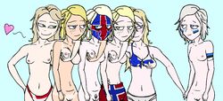 2017 5_fingers 6girls armband armwear bikini blonde_hair blue_background blue_eyes bra clothed_male_nude_female countrylove denmark dirty_blonde_hair estonia facepaint female female_focus female_only finland flag flag_bikini flag_print green_eyes grey_hair harem holding_hands holding_hands_behind human humanized iceland implied_polyamory implied_yuri kilt lesbian makeup medium_breasts multiple_females multiple_girls national_personification nordic northern_european norway nude nude_female panties personification polyamory pubic_hair pubic_tuft ruined_makeup runny_makeup skirt small_breasts solid_color_background sweden tanline underwear white_hair yellow_hair yuri