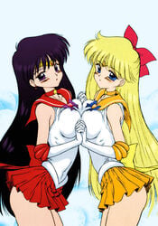 2girls ass ass_peek big_breasts bishoujo_senshi_sailor_moon black_hair blonde_hair blue_eyes bow breast_press breast_squish breasts choker clothed clothing colored comic doujin doujinshi earrings elbow_gloves facing_each_other female female_only gloves hairbow helpless holding holding_hands innocent kuroinu_juu lace_background leotard long_hair looking_at_viewer minako_aino miniskirt purple_eyes purple_hair red_skirt rei_hino sailor_collar sailor_mars sailor_venus serafuku short_skirt skirt skirt_up sleeveless small_ass small_breasts tiara tight_clothing uniform very_long_hair white_gloves yuri