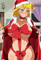 1girls aqua_nails bangs bell bell_collar belly big_breasts blonde_female blonde_hair blue_eyes blush blushing bow bow_ribbon busty choker christmas christmas_clothing christmas_outfit coat collar female female_only half-closed_eyes hat huge_breasts large_breasts looking_at_viewer lori_loud nail_polish navel open_clothes open_coat ribbon ribboned_body santa_costume santa_hat santa_outfit smile solo solo_female solo_focus teconmiel the_loud_house