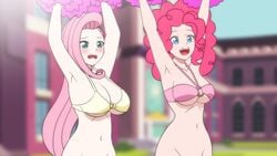 2girls absurd_res animated armpits arms_up bare_shoulders belly belly_button big_breasts bikini_top bikini_top_only blue_eyes bottomless bouncing bouncing_breasts breast_size_difference breasts cheering cheerleader duo embarrassed equestria_girls eyebrows eyelashes fantasyblade female female_only females_only fluttershy_(eg) fluttershy_(mlp) friendship_is_magic gif green_eyes hasbro huge_breasts human human_only humanoid jumping large_breasts light-skinned_female light_skin long_hair medium_breasts multiple_girls my_little_pony navel nervous open_mouth outdoors pale_skin pink_hair pinkie_pie_(eg) pinkie_pie_(mlp) pom_poms raised_arms smile smiling stomach straight_hair teal_eyes teeth tongue underboob waving