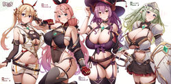 4girls aqua_eyes armor armpit_crease bangs bare_shoulders belt belt_pouch black_choker black_gloves black_headwear black_legwear black_sleeves blonde_hair blue_eyes blunt_bangs blush breasts brooch brown_belt brown_legwear choker cleavage closed_mouth clothing_cutout collarbone commentary_request cowboy_shot curled_horns curvy detached_sleeves eyebrows_behind_hair eyebrows_visible_through_hair fake_horns fou_zi garter_straps gauntlets gloves green_hair groin hair_between_eyes hair_ornament hairband hairclip hand_on_headwear hand_up hat head_chain highleg highleg_leotard highres holding holding_staff hood hood_down hooded_vest hoodie horned_headwear horns huge_breasts jewelry kannko_bokujou large_breasts leotard long_hair looking_at_viewer multiple_girls navel navel_cutout original paintcan panties parted_lips pink_hair pointy_ears pouch purple_eyes purple_legwear purple_sleeves red_eyes red_hairband red_panties revealing_clothes revision shield short_shorts shorts sideboob sidelocks simple_background single_detached_sleeve single_glove single_thighhigh skindentation smile staff standing stomach sword thigh_strap thighhighs thighs tree twintails underboob underwear vest wavy_hair weapon white_background white_shorts white_vest witch_hat