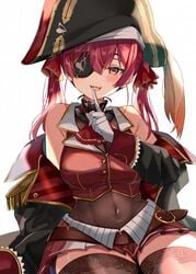 1girls bangs bare_shoulders blush blushing choker curvy eyepatch female female_only hair_ribbon hololive hololive_fantasy hololive_japan houshou_marine jacket jacket_partially_removed looking_at_viewer pink_hair pirate red_eyes satoupote see-through see-through_clothing smile smiling snaggle_tooth solo solo_female thighhighs twintails virtual_youtuber white_background white_gloves