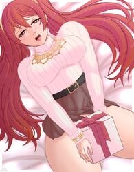 1girls alternate_costume bare_thighs blush breasts clothing female_only fire_emblem fire_emblem_awakening gift large_breasts long_hair necklace nintendo open_mouth red_eyes red_hair ring severa_(fire_emblem) skirt smile solo sweater thick_thighs thighs twintails xxpulp