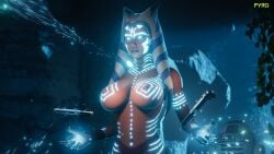 1girls 3d 3d_(artwork) absurd_res ahsoka_tano alien alien_girl alien_humanoid areola big_breasts breasts casual dual_wielding eyelashes female front_view glowing_eyes glowing_markings hi_res holding_object holding_weapon humanoid lightsaber melee_weapon navel nipples nsfw_pyro orange_body orange_skin pyro_(artist) r2-d2 solo solo_female standing star_wars suntan text the_clone_wars:_season_seven togruta topless weapon