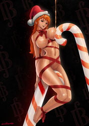 1girls bondage bound breast_press breasts brown_eyes candy candy_cane covered_nipples ecchi-mia female female_only food hat hip_focus large_breasts legs long_hair nami navel nipples nude one_piece orange_hair post-timeskip ribbon ribbon_bondage santa_hat smile solo thighs