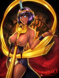 2019 black_hair bob_cut deadphoenx egyptian eliza_(skullgirls) female glowing_eyes headwear lipstick nipple_piercing short_hair skullgirls solo staff