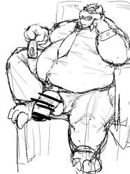 2021 anthro balls belly bottomwear bowser censored clothing eyewear genitals glasses hi_res humanoid_genitalia humanoid_hands humanoid_penis kemono koopa kotobuki male male_only mario_(series) necktie nintendo overweight overweight_male pants penis scalie shirt sitting sketch solo topwear video_games