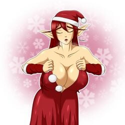 big_breasts christmas christmas_outfit elf elf_ears elf_female gasp gasping huge_breasts kissing lips original_character pointy_ears red_eyes red_hair unbuttoned unbuttoned_shirt zebas71