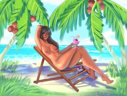 1girls ana_amari barefoot beach beverage black_hair chair completely_nude completely_nude_female crossed_legs drink female female_only full_body khanigore long_hair looking_at_viewer naked naked_female nude nude_female overwatch relaxing sitting sitting_on_chair smile solo solo_female young_ana_amari