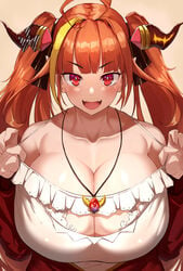 big_breasts blush breasts cleavage clothing hair_ribbon holoforce hololive hololive_japan horn kiryu_coco long_ears looking_at_viewer necklace nuezou open_mouth paizuri_invitation tagme tank_top twintails virtual_youtuber