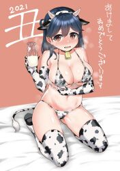 2021 ahoge animal_ears animal_print bangs bed bell bikini blue_hair blush bottle breasts breath brown_eyes chinese_zodiac cleavage collar cow_ears cow_print cow_tail cowbell elbow_gloves embarrassed eyebrows_visible_through_hair fake_animal_ears fake_horns female full-face_blush gloves highres holding holding_bottle horns kantai_collection lactation lactation_through_clothes large_breasts long_hair looking_at_viewer milk_bottle naradakou neck_bell new_year nose_blush on_bed open_clothes pink_background simple_background sitting solo steaming_body stockings sweat swimsuit tail thighhighs translation_request ushio_(kantai_collection) year_of_the_ox