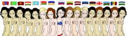 16girls arm_around_shoulders arm_linking arms_around_shoulders asia belarus black_hair blonde_hair blue_eyes bra breast_grab breasts brown_eyes brown_hair bulge cleavage clones clothed clothed_female clothing completely_nude copypasted countrylove dirty_blonde_hair estonia europe female female_focus female_only flag flag_bikini flag_print freckles freckles_on_face front_view genitals georgia_(country) green_eyes groping groping_from_behind happy harem implied_politics interracial latvia light-skinned_female light_skin lithuania looking_at_another middle_east mongolia multiple_girls naked national_personification nipple_bulge nude nude_female nudity olive_eyes olive_skin open_eyes panties personification politics pussy russia sad simple_background slavic small_breasts smile smirk smug smug_face solid_color_background standing tajikistan turkish_clothing ukraine ukrainian unamused underwear ussr what white_background yuri