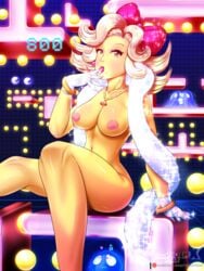 blonde_hair bow deadphoenx eyelashes female ghost gloves hairbow humanized large_breasts ms._pac-man namco navel necklace neon nipples pac-man_(series) pac-man_eyes pearl_necklace purple_eyes sash scarf score sitting solo sparkle tongue_out white_gloves yellow_skin