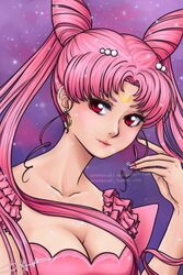 1girls aged_up bamboo_shoot_bun big_breasts bishoujo_senshi_sailor_moon bust_portrait busty chibi_usa cleavage clothing crescent_moon detached_sleeves double_bun dress earrings edited facing_viewer female female_only forehead_mark hair_ornament innocent large_breasts long_hair long_twintails looking_at_viewer painted_nails pink_clothing pink_dress pink_hair pink_nails princess_lady_serenity red_eyes scallop_neckline solo solo_female sora_hanaki starry_background twintails