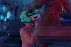 apatheticanal blowjob bodysuit breasts cum cum_in_mouth cum_on_breasts cum_on_mouth green_hair halo halo_(game) halo_(series) halo_infinite helmet helmet_over_eyes holding_head holding_penis leaning_on_object lifted_helmet naked oral red_light spartan_(halo) straight