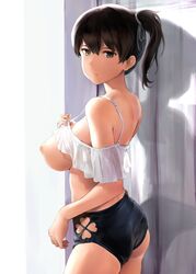 alternate_costume ass bare_shoulders black_shorts breasts breasts_out brown_eyes brown_hair closed_mouth clothes_lift clothing_cutout clover_print cowboy_shot crop_top expressionless female from_behind heart_cutout highres kaga_(kantai_collection) kantai_collection large_breasts looking_at_viewer looking_back nipples no_bra revision see-through shirt_lift short_hair short_shorts shorts side_ponytail solo strap_gap tied_hair wa_(genryusui) wooden_wall