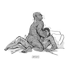 2021 2boys anal anal_sex ass bald bed boba_fett cum cum_on_body cum_on_upper_body din_djarin gay greyscale laying_down laying_on_back laying_on_bed male male/male male_only male_penetrated male_penetrating mandalorian monochrome nim-lock_(artist) pedro_pascal pillow simple_background star_wars the_mandalorian white_background yaoi