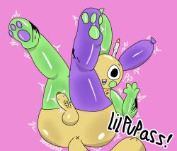 1boy anthro anus artist_name ass ass_focus asshole balloon balloon_animal balls big_ass big_butt butt_focus candle candle_on_head confused confusion dandy's_world dandys_world foreskin glistening glistening_body glistening_butt glistening_genitalia glistening_skin green_arms green_legs justkittyful legs_up looey_(dandy's_world) looking_at_viewer looper_(justkittyful) male pawpads penis presenting presenting_ass presenting_hindquarters purple_arms purple_legs question_mark roblox self_upload shiny shiny_ass shiny_body shiny_butt shiny_skin small_balls small_penis solo solo_male tail text watermark waving waving_at_viewer x_anus yellow_body