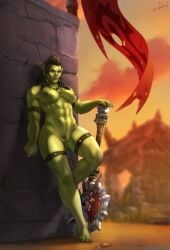 axe barefoot black_hair blizzard_entertainment breasts clitoris clitoris_piercing cozshedead ear ear_piercing feet female genital_piercing genitals green green_body hair horde_symbol korgara mammal muscular_female navel navel_piercing nipple_piercing nipples orange_eyes orc piercing pubes scar scars_all_over solo solo_female standing warcraft world_of_warcraft
