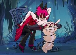 1boy 1girls alastor_(hazbin_hotel) amazon_prime animated blonde_hair charlie_morningstar charlie_morningstar_(hazbin_hotel) eating_pussy hazbin_hotel helluva_schnolf oral oral_sex red_hair tagme video