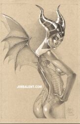 1girls ass big_ass big_breasts breasts disney female horns jim_balent maleficent nude sleeping_beauty_(1959_film) solo tattoo traditional_media_(artwork) wings