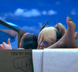 3d futa_on_male futanari hdregrets horns jen_ocee looking_at_viewer muscular muscular_futanari public public_use thumbs_up