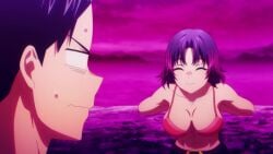1boy 1girls animated anime_screencap areolae black_hair blue_eyes blush bouncing_breasts bra breast_press_on_chest breasts chained_soldier large_breasts looking_at_viewer mato_seihei_no_slave midriff navel nipples presenting purple_hair red_eyes screencap sound straight sweat undressing video wakura_yuuki yakumo_ezo