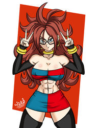 1girls abs android_21 android_21_(human) big_breasts blue_eyes bracelets crop_top curly_hair dragon_ball dragon_ball_fighterz female female_only glasses hoop_earrings looking_at_viewer necklace peace_sign red_hair six_pack skirt smile superspacewarrior wizkid28