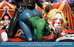 ai_generated blowbang blowjob cfnm circus clothed_blowbang clothed_blowjob clothed_sex clown_girl cum_in_mouth deepthroat joanne_gagen