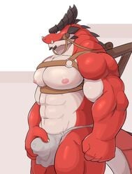 abs anthro areola biped bit_gag blush bodily_fluids bottomwear bulge clothed clothing doodledaeng dragon fangs fist gag genital_fluids harness holding_bulge loincloth male muscular muscular_anthro muscular_male nipples pecs pink_nipples precum precum_through_clothing red_body red_scales scales solo spikes spikes_(anatomy) topless wet wet_clothing