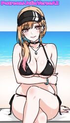 ai_generated beach bead_bracelet beads bikini black_bikini black_choker blonde_hair blue_sky blush bracelet breasts choker cleavage closed_mouth collarbone crossed_legs day ear_piercing earrings female female_only gradient_hair gyaru hair_over_shoulder halterneck horizon jewelry kitag_marin large_breasts long_hair looking_at_viewer marin_kitag meitabuu multicolored_hair nail_polish necklace ocean outdoors piercing pink_hair pink_nails red_eyes scrunchie side-tie_bikini_bottom sitting sky smile solo sono_bisque_doll_wa_koi_wo_suru string_bikini swimsuit visor_cap water