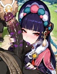 1girls aetera ai_generated anthro ballsack big_balls big_cock big_penis big_testicles black_hair blunt_bangs bonnet breath_cloud clothed cock_on_cheek dark-skinned_male dark_penis dark_skin fat_cock fat_penis female from_above genshin_impact hand_on_penis handjob handjob_while_sucking hilichurls_(species) hime_cut hoyoverse huge_balls huge_cock huge_testicles light_blush lipstick lipstick_fetish lipstick_mark lipstick_on_balls lipstick_on_penis long_cock long_hair long_penis looking_at_viewer makeup male mihoyo outside penis penis_on_cheek pink_capelet playing_with_balls purple_fingernails purple_hair purple_lips purple_lipstick purple_nails red_eyes red_eyeshadow saliva_on_penis seductive smegma smelly smelly_cock sucking sucking_balls sucking_testicles testicles veiny_penis yun_jin_(genshin_impact)