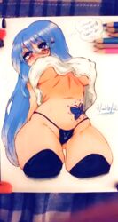 blue_hair blush breasts cameltoe colored_pencil_(medium) long_hair marker_(medium) nagahime original perspective purple_eyes self_upload shirt sketchbook t-shirt tattoo thick_thighs thighhighs thighs thong traditional_media tsundere