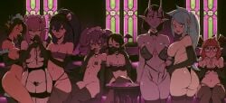 2d 2d_(artwork) 8girls anime_style armwear bat_wings black_hair blue_hair breasts brown_skinned_female clothed clothed_female colored crowd crowd_watching curvy_female curvy_figure demon ear elf elf_ears elf_female erotic fan_character female female/female female_focus female_only flou flustered giggling girls_only gloves group hand_near_face herzha holding_onto_partner image jealous jealous_female leggings lesbian_couple lesbian_focus lewd light-skinned_female long_hair looking_at_another looking_at_sex maid neck_tied oc orange_hair original original_characters pale_skinned_female pink_hair purple_skinned_female revealing_clothes screenshot short_hair smiling stockings tag_request tied_hair touching touching_each_other vampire_girl watching watching_from_afar wearing_clothes yuri