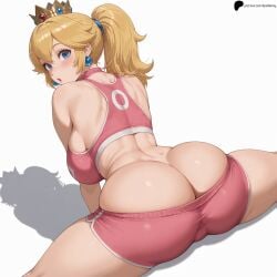 1girls :o ai_generated ass back bangs bare_shoulders blonde_hair blue_eyes blush breasts crown earrings female gem gym_shorts hi_res high_ponytail high_quality high_resolution highres jewelry light lips looking_at_viewer mario_(series) nintendo nose opal_nemy open_mouth patreon_logo patreon_url patreon_username plain_background ponytail princess_peach self_upload shadow shiny shiny_clothes shiny_hair shiny_skin simple_background solo split spread_legs super_mario_bros. thighs watermark white_background
